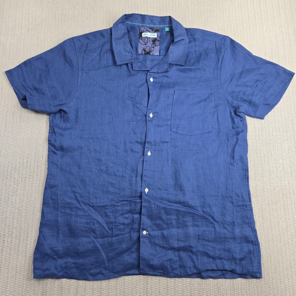 Tenth + Ocean Shirt Mens XL Blue Linen Short Sleeve Button Up Casual Camp Collar
